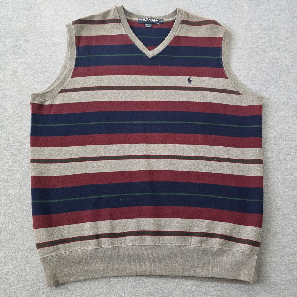 Polo Golf Ralph Lauren Mens V-Neck Sweater Vest Striped Grey Navy Burgundy Large